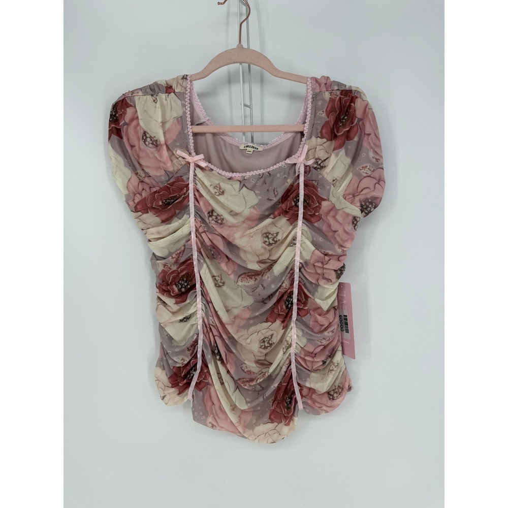 I Believe Floral Ruched Mesh Top Womens 2XL Pink Lace Bows Coquette Romantic